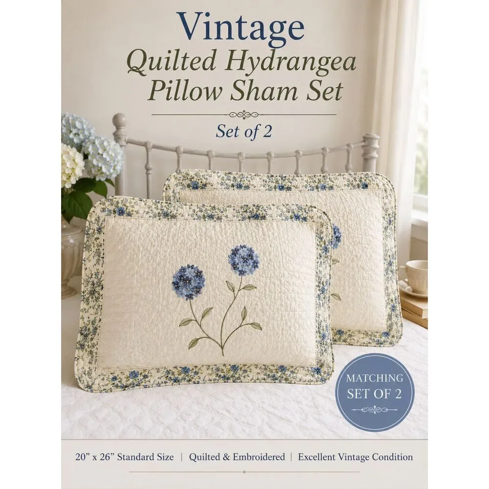 Vintage Quilted Hydrangea Pillow Sham Set of 2 Embroidered Cottagecore Bedding